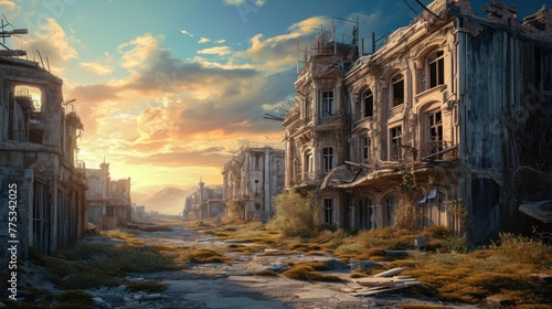 An overgrown city street at sunset, with crumbling buildings and debris scattered throughout. photo