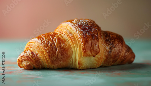 A croissant is sitting on a table. AI.