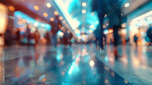 Abstract motion blur of shoppers in modern shopping mall with vibrant lights - blurred figures walking in busy shopping center, concept of urban lifestyle and consumerism