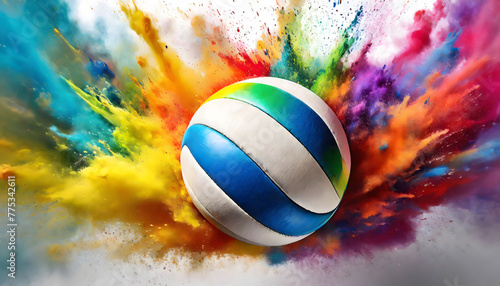 Dynamic Burst: Colorful Rainbow Holi Paint Powder Explosion with Volleyball Leading the Way