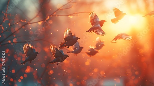 dynamic movement of a flock of birds in flight
