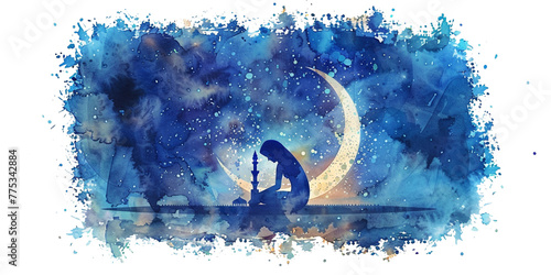 mosque and moon design person prying design on blue water color splashes background, islamic design for eid and ramadan isolated on transparent background
