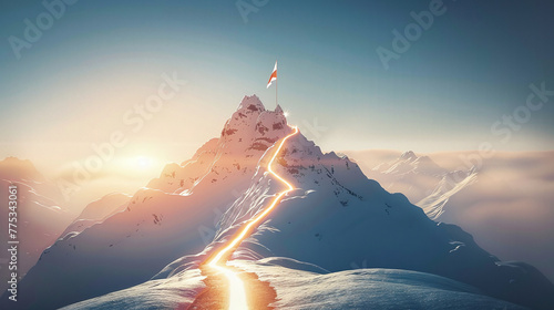 way to snow covered mountain peak as symbol for the hard way to success photo