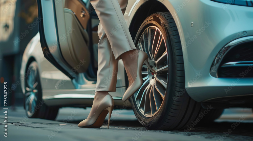 close up of a car with a business woman's shoe close up of a car with a business woman's shoe