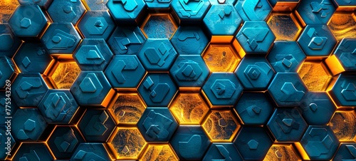 Abstract hexagonal pattern with warm orange and cool blue tones. Concept of contrasting technology textures, cybernetic art, and dynamic digital landscapes. Futuristic Background. Banner photo