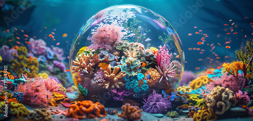 A colorful coral reef teeming with marine life, encircling a 3D glass globe with its vibrant and diverse ecosystem.