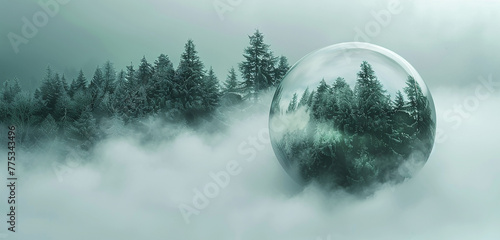 A dense fog rolling over a mysterious forest, shrouding the trees within a 3D glass globe in an ethereal mist.