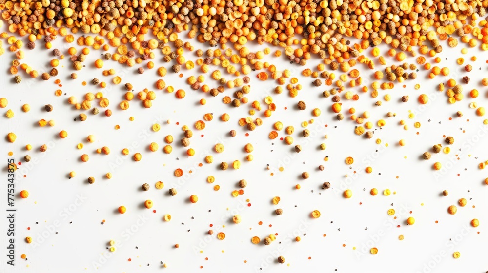 Bee pollen granules spread on a white background. Beekeeping product rich in nutrients. Concept of health supplement, natural apiculture product, and wellness. Banner. Copy space Bee pollen granules spread on a white background. Beekeeping product rich in nutrients. Concept of health supplement, natural apiculture product, and wellness. Banner. Copy space