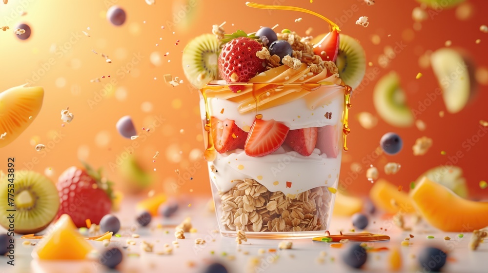 Greek yogurt parfait with fresh berries and granola in glass Greek yogurt parfait with fresh berries and granola in glass