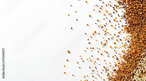 Apiculture bee pollen over white surface. Varied colored granules of bee pollen. Concept of dietary nutrition, bee product benefits, and energy-boosting superfood. Banner. Copy space