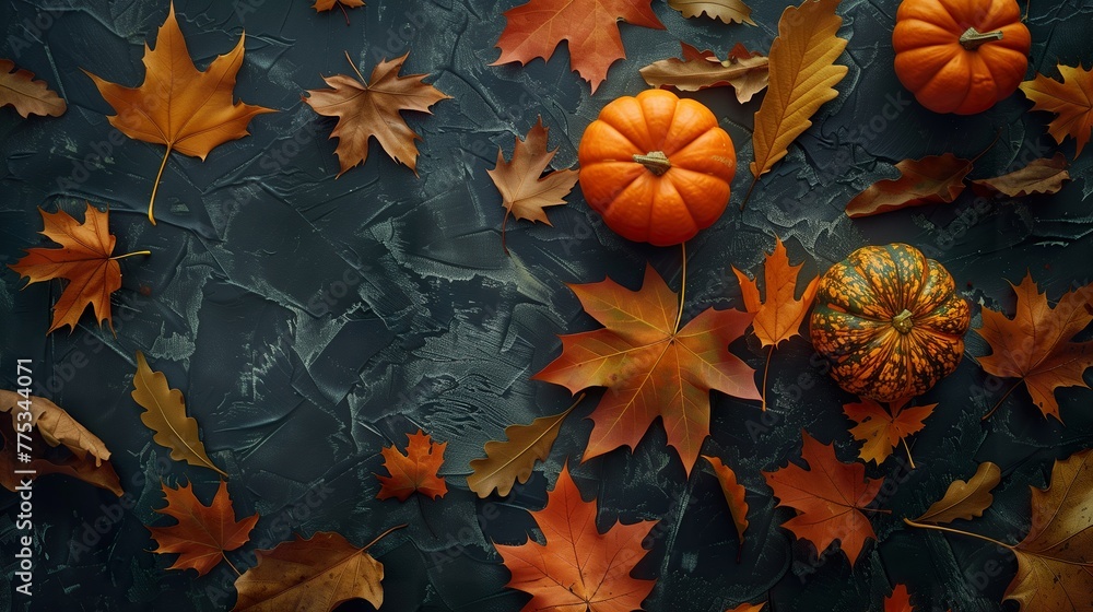 Autumn and thanksgiving decoration concept made from autumn leaves and pumpkin on dark textured background. Flat lay, top view Autumn and thanksgiving decoration concept made from autumn leaves and pumpkin on dark textured background. Flat lay, top view
