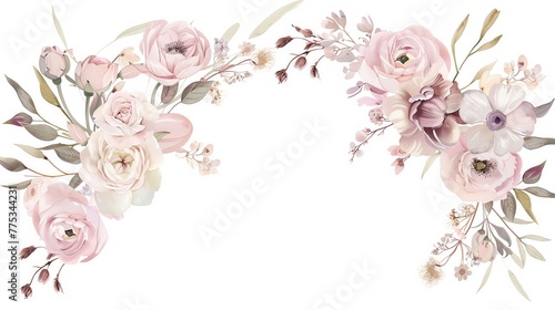 Fototapeta Naklejka Na Ścianę i Meble -  soft watercolor border Flower of Ranunculus, Peonies,roses, Bunny tails , Pampas grass , Ballerina Rose ,grass flower,in the style of light pink dark pink cream rose colors,