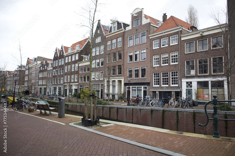View of the pedestrian zone and atmospheric brick houses of Amsterdam 10.02.2024