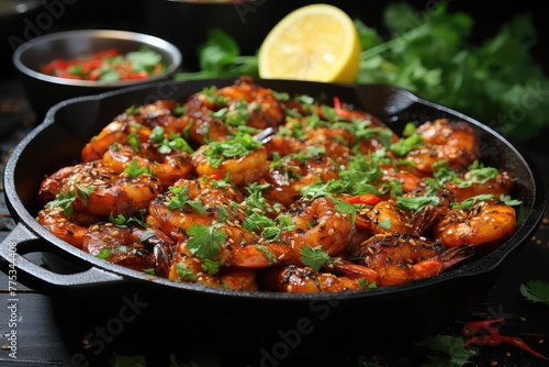griddle shrimp or dry pot shrimp dish. Succulent shrimp sizzle on the griddle or in the dry pot, absorbing flavorful spices and aromatics 