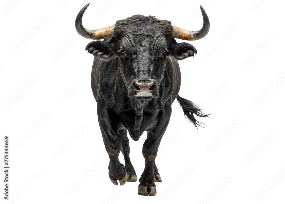 Primer plano de un toro de lidia español de color negro con grandes cuernos caminando y mirando a cámara, sobre fondo blanco transparente