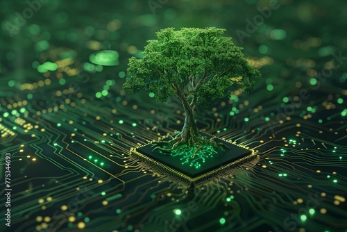 n exuberante árbol brota de una placa de circuito, sus raíces entrelazadas con caminos digitales, simbolizando el crecimiento orgánico dentro del reino de la tecnología. photo