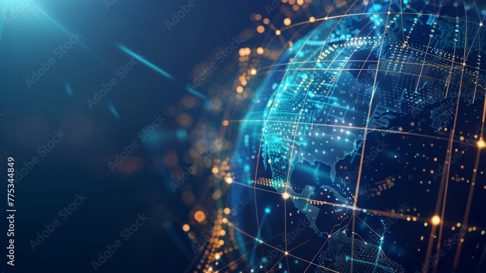 Digital globe with lights on dark background - This image showcases a digital representation of Earth with glowing nodes and connections illustrating global networks Digital globe with lights on dark background - This image showcases a digital representation of Earth with glowing nodes and connections illustrating global networks