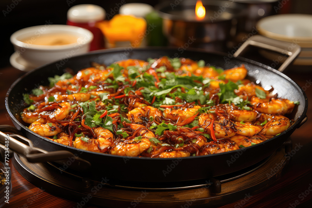 griddle shrimp or dry pot shrimp dish. Succulent shrimp sizzle on the griddle or in the dry pot, absorbing flavorful spices and aromatics