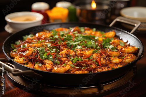 griddle shrimp or dry pot shrimp dish. Succulent shrimp sizzle on the griddle or in the dry pot, absorbing flavorful spices and aromatics