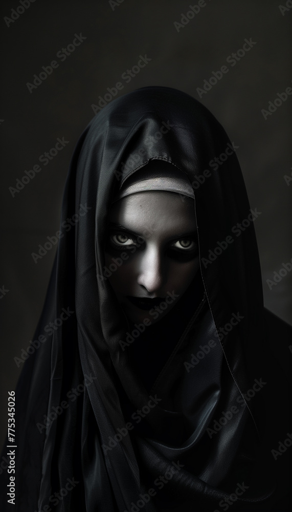 Gothic medieval nun portrait with long valadon, face in darkness Gothic medieval nun portrait with long valadon, face in darkness
