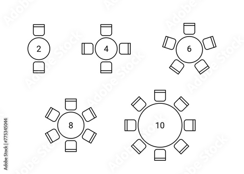 Set of plan for arranging place seats for guest in interior, layout graphic outline elements. Chairs and tables icons in scheme architectural plan. Office and home furniture, top view. Vector line