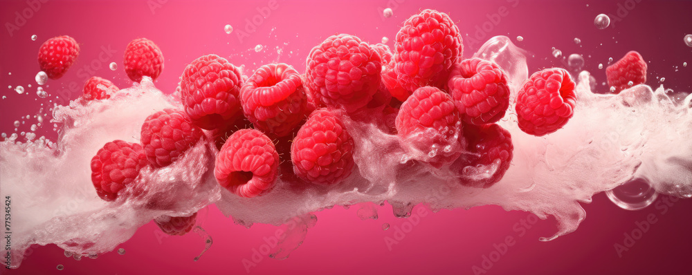 Fresh raspberries flying in the air with splashes in red pink color background. Raspberry concept. Fresh raspberries flying in the air with splashes in red pink color background. Raspberry concept.