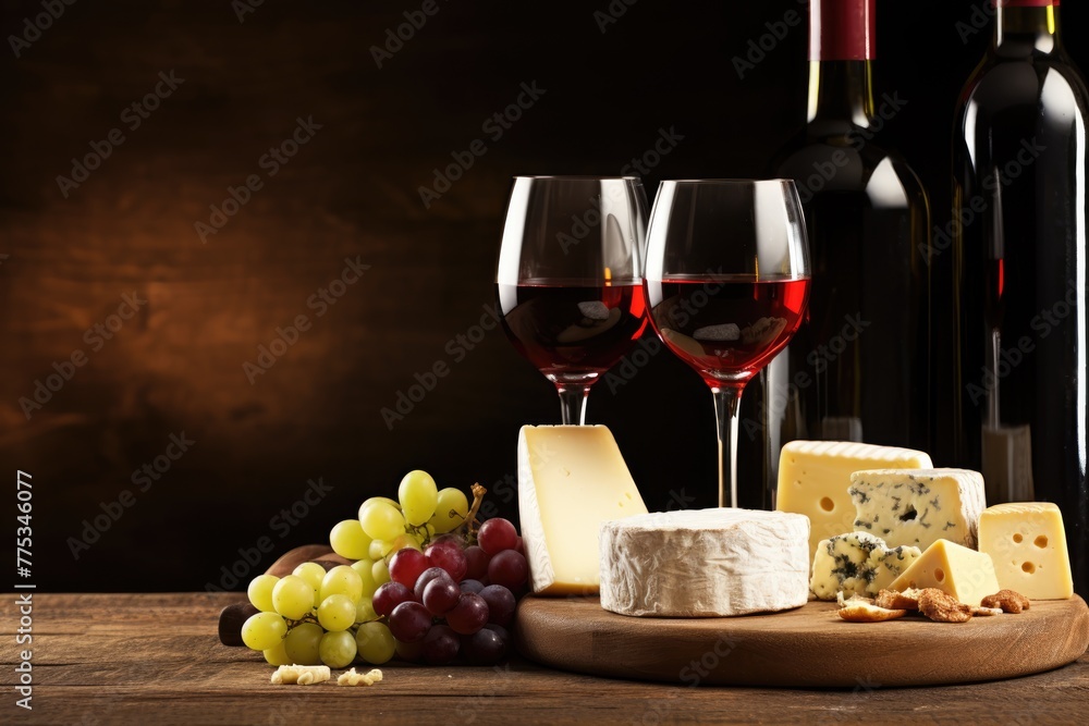 Red wine glasses with assorted cheese, grapes, and bottles on a wooden table, with a warm ambiance. Elegant Red Wine and Cheese Tasting Setup