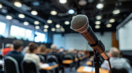 Dynamic conference atmosphere: microphone close-up amidst blurred seminar crowd and hall background. Illustrating event vibrancy and learning environment