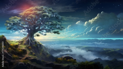 Enchanted tree with luminous blue leaves - Serene digital artwork of a magical tree with glowing blue leaves overlooking majestic mountains and misty valleys