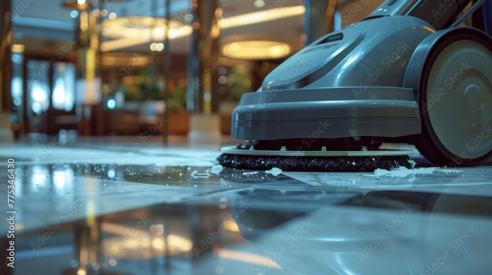 Fototapeta premium Professional cleaning: worker polishing exterior walkway with industrial machine and cleaning solution