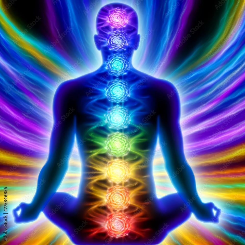 A vibrant representation of a human in meditation with colorful chakras aligned, symbolizing balance and spiritual energy in a transcendent state