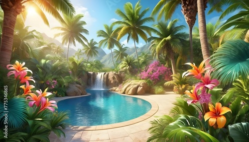 AI generated Vibrant greenery, exotic flowers, and palm trees create a paradise-like summer haven photo