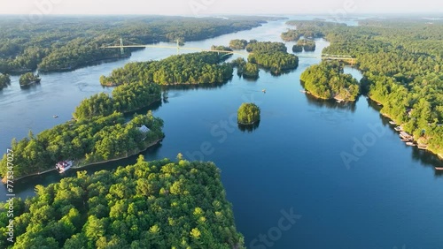 Aerial video of St. Lawrence river in 1000 Islands near US boarder and Hill Island looking at the 1000 Islands Bridge. photo