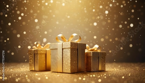 Gold gift boxes and gold glitter particles with bokeh light background,Generative AI. © Muhammad