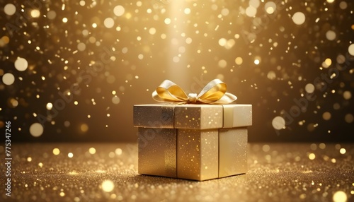Gold gift boxes and gold glitter particles with bokeh light background,Generative AI. © Muhammad