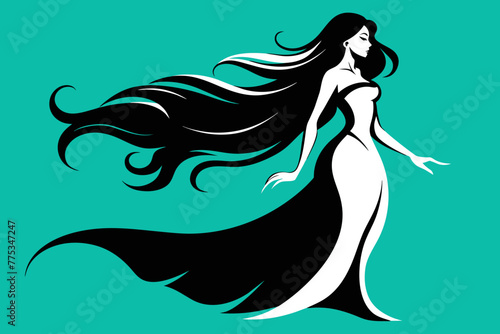 Elegant Profile Silhouette Beautiful Girl with Flowing Long Hair 