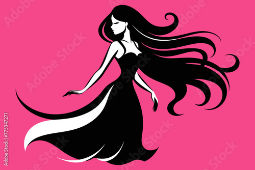 Elegant Profile Silhouette Beautiful Girl with Flowing Long Hair 