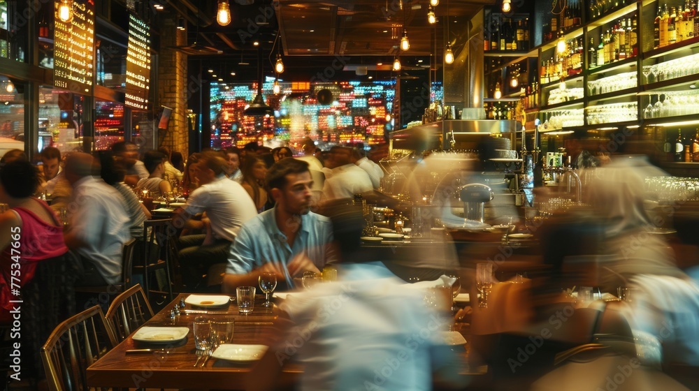 Vibrant restaurant scene: busy dining area with patrons enjoying meals, waitstaff hustling, and chefs in action, motion blur effect