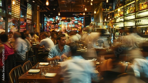 Fototapeta Naklejka Na Ścianę i Meble -  Vibrant restaurant scene: busy dining area with patrons enjoying meals, waitstaff hustling, and chefs in action, motion blur effect