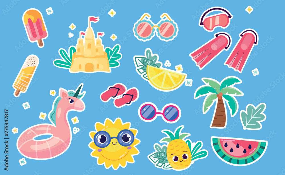 Set of holiday stickers in cartoon style. Vector illustration of vacation stickers: ice cream, sandcastle, glasses, mask and flippers, inflatable circle, sun, palm tree, pineapple, watermelon, lemon. Set of holiday stickers in cartoon style. Vector illustration of vacation stickers: ice cream, sandcastle, glasses, mask and flippers, inflatable circle, sun, palm tree, pineapple, watermelon, lemon.