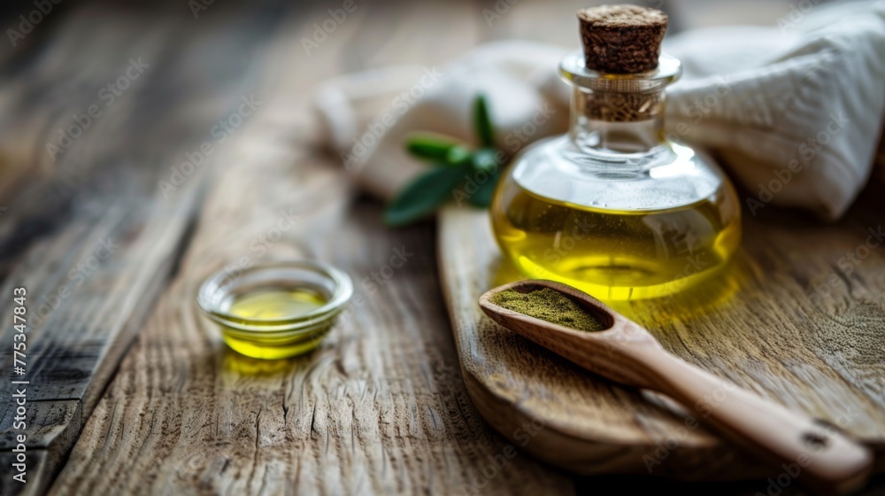 Bottle of Olive Oil Next to Wooden Spoon Bottle of Olive Oil Next to Wooden Spoon