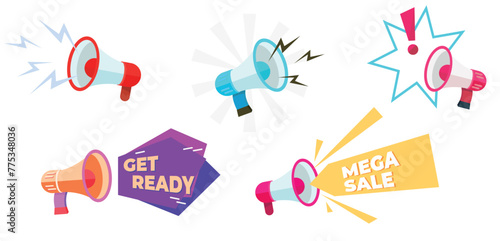 Set of colored loudspeakers in a cartoon style.Vector illustration of speakers, sounds from loudspeaker with inscriptions get ready, mega sale isolated on white background.Advertising. Announcements.