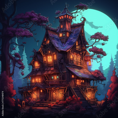 Illustration of a cartoon night landscape. Wooden multi-story fairy-tale house, old hut with light in the windows. Night forest, moonlight. AI generated. © Ekaterina