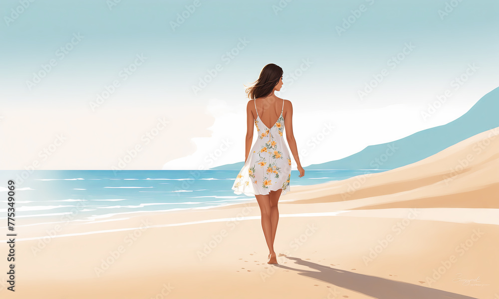 Illustration of a beautiful young woman in a flowered dress walking on the beach on a summer day, the breeze gently ruffles the dress. Summer concept. Illustration of a beautiful young woman in a flowered dress walking on the beach on a summer day, the breeze gently ruffles the dress. Summer concept.
