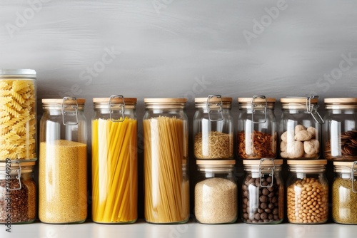 Assorted types of dry pasta stored in transparent glass jars on a wooden shelf, kitchen organization concept. Assorted Dry Pasta in Glass Jars on Shelf
