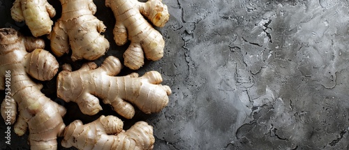   A close-up of a ginger group on a table with one root remaining on the ground