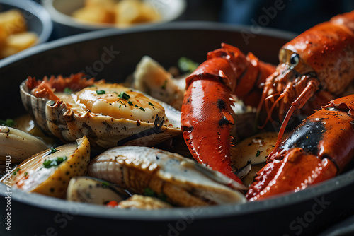 there is a large bowl of cooked lobsters and clams, very tasty, crab, closeup at the food