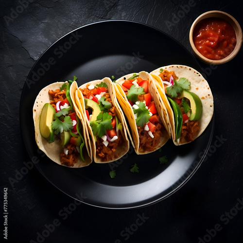 A plate of tacos served in a black pate on a table, food photography, colorful food presentation