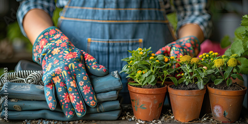 Vista de manos con guantes junto a macetas con flores, textil de trabajo, bolsas, camisa a cuadros, persona con ropa vaquera azul, trabajo de jardinería  photo