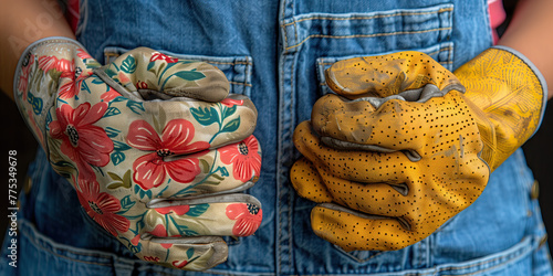 Primer plano de dos manos con guantes de diferentes texturas, uno floral otro de cuero gastado amarillo, apoyadas en la barriga de una persona con textil de jean, vaquero azul, trabajo de jardinería  photo